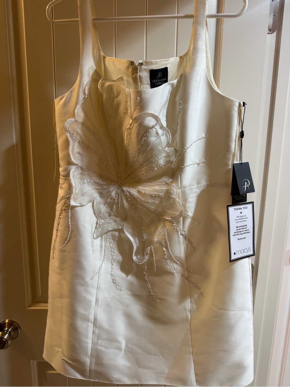 Adrianna Papell Cream Satin Mini Dress with Embroidered Floral Applique